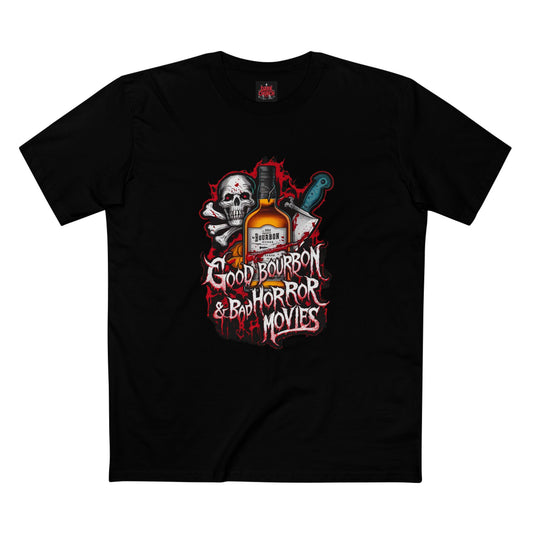 Good Bourbon & Bad Horror Movies Men's Staple Tee